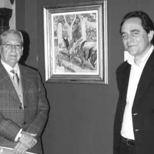 J. M. Palencia con el hijo del pintor en la presentación del cuadro Las Cañas, designado cuadro del mes. Museo de Bellas Artes de Córdoba, 2005.