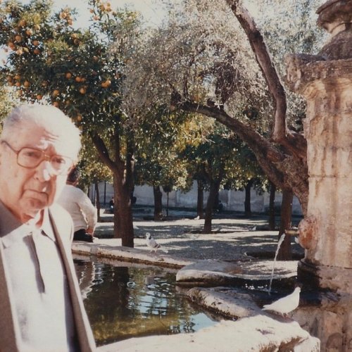 En la Fuente del Olivo del Patio de los Naranjos de la Mezquita de Córdoba, en 1973.
