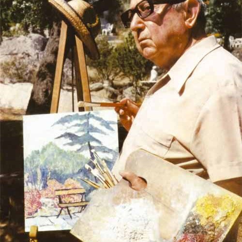 Pintando en su jardín de El Tomillar (Torrelodones) en 1982.